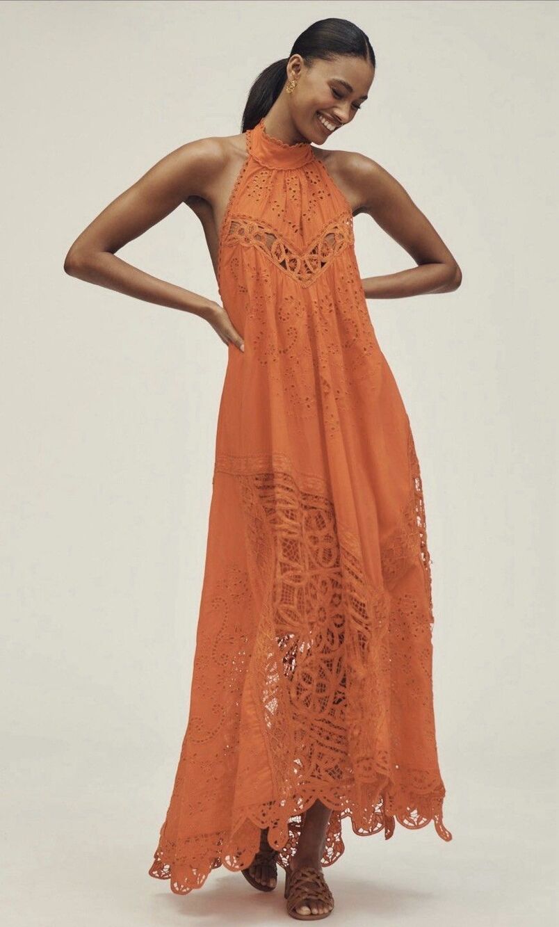 Anthropologie Halter Dress Orange Cutwork Lace Wedding Vacay Preppy Small NWT